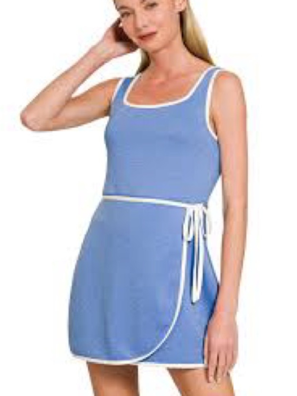 Zenana Outfitters Light Blue Tank Wrap Dress with White Trim